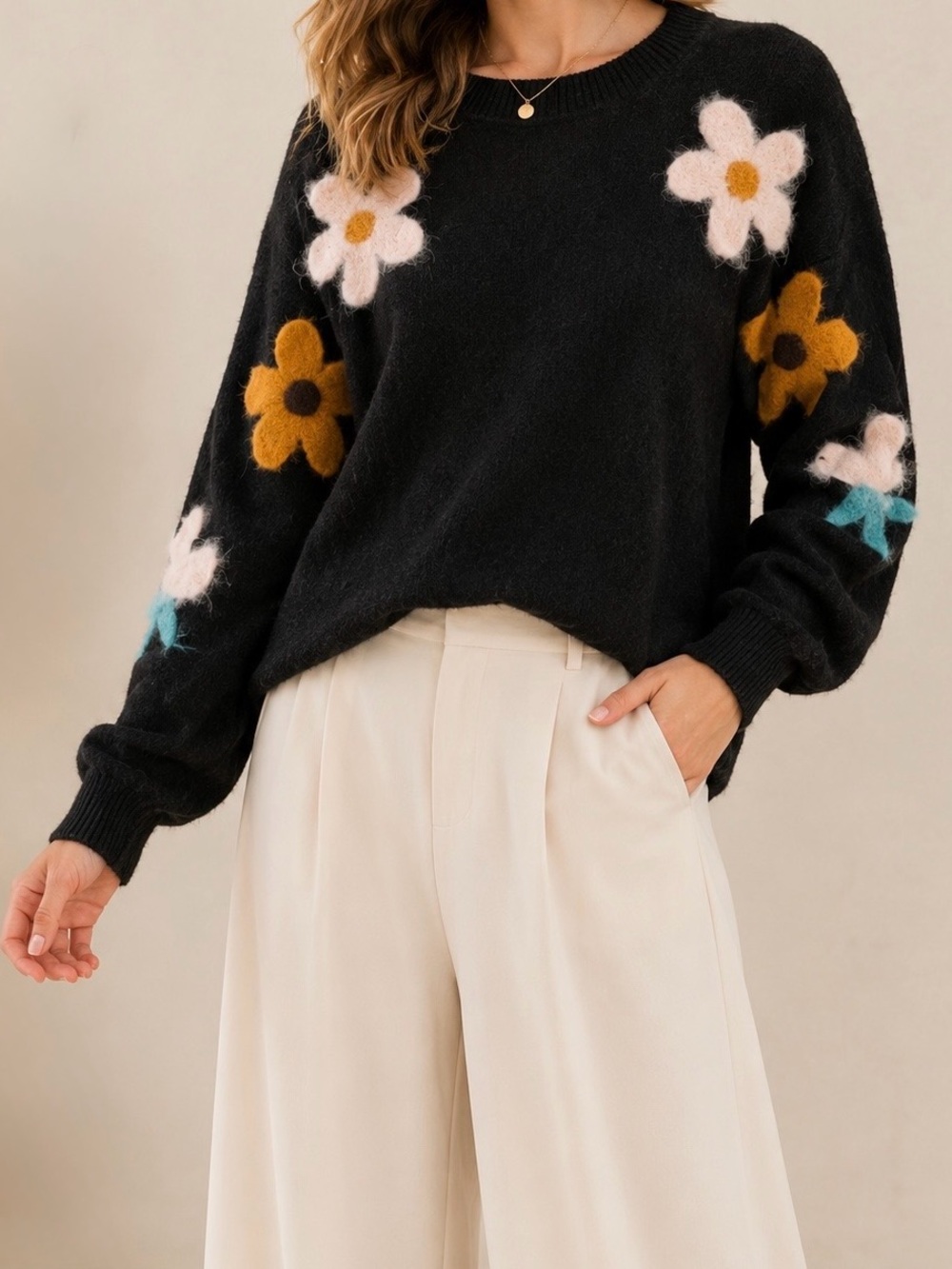 Aaeda Black Floral Appliqué Sweater Medium Fuzzy Daisy Sleeve Soft Knit
